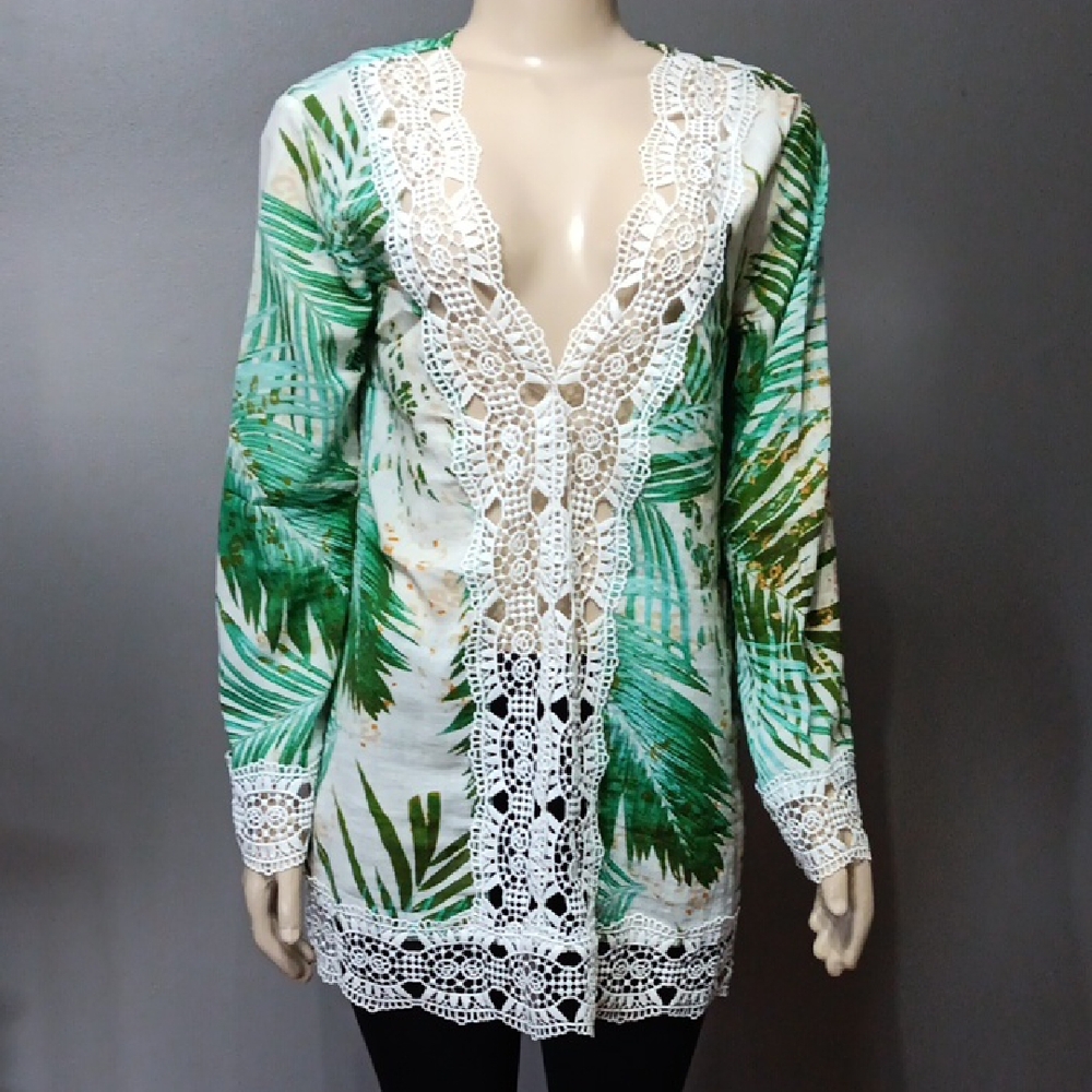 TiniBikini Green and White Tropical Cotton Cover-Up